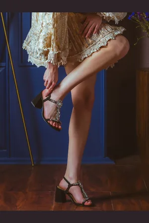 SAINT G. Embellished Open Toe Leather Block Heels
