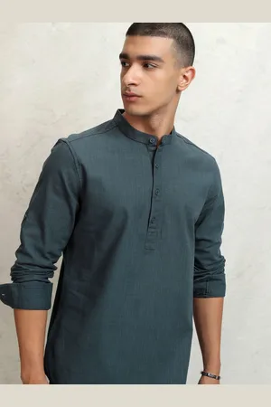 Highlander Men Solid Mandarin Collar Half Placket Roll-Up Sleeve Casual Shirt
