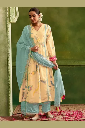 DRESOUL Floral Embroidered V-Neck Panelled A-Line Kurta with Palazzos & Dupatta