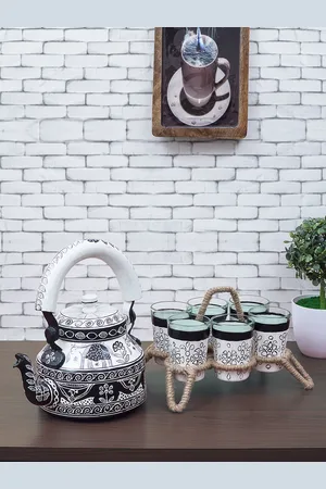 Golden Peacock White & Black Printed Aluminum Kettle Set
