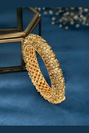 Peora Gold-Plated Single Piece Openable Floral Kada Textured Bangle Jewellery for Women