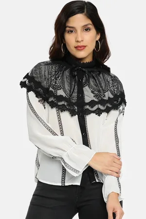 JC Collection Women White & Black Striped Shirt Style Top