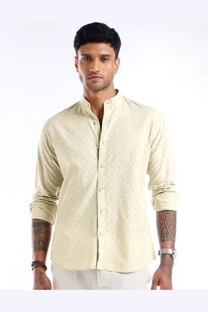 Beyoung Men Classic Mandarin Collar Textured Self Design Cotton Casual Shirt