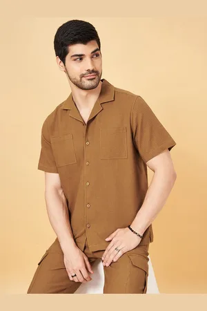 PEOPLE Men Solid Slim Fit Cuban Collar Short Slevees Casual Shirt