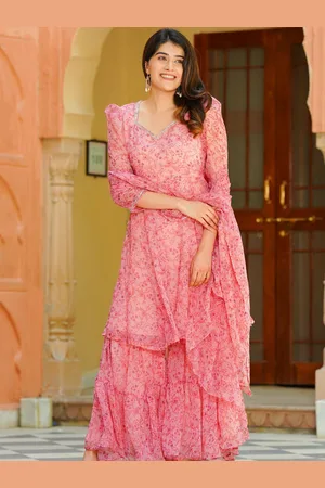 Ambraee Floral Printed A-Line Silk Chiffon Kurta with Sharara & With Dupatta