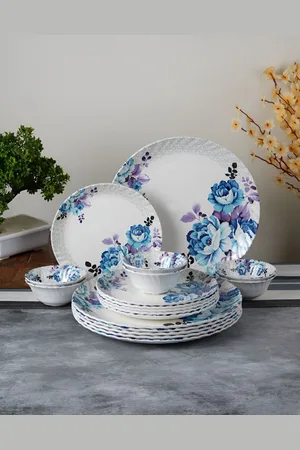Aura White & Blue 18 Pieces Floral Printed Glossy Dinner Set