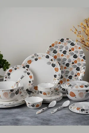 Aura White & Black 41 Pieces Printed Glossy Dinner Set