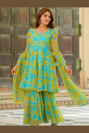 Ambraee Floral Printed A-Line Silk Chiffon Kurta with Sharara & Dupatta