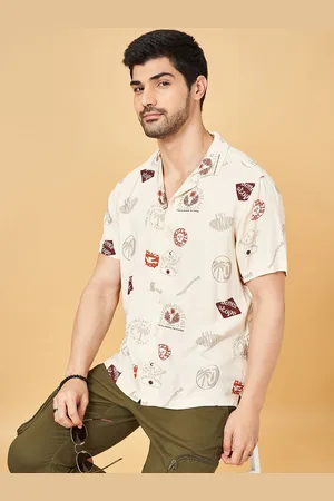 PEOPLE Men Printed Slim Fit Cuban Collar Short Slevees Casual Shirt