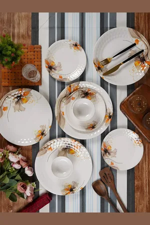 Aura White & Yellow 18 Pieces Floral Printed Glossy Dinner Set