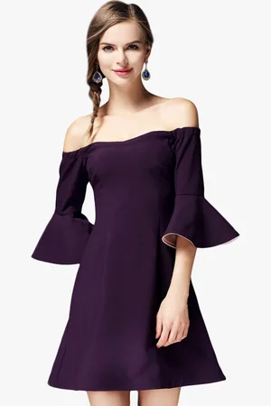 JC Collection Women Purple Solid Off Shoulder A-Line Dress