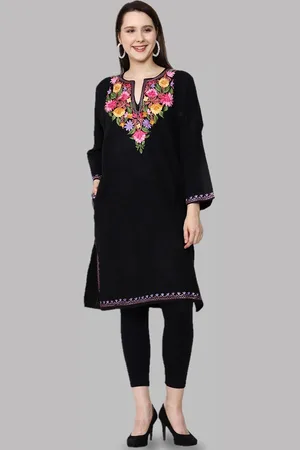 CRAFTBAZAR Floral Embroidered Notch Neck Flared Sleeves Straight Kurta