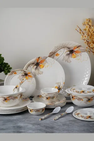 Aura 41 Pcs White & Yellow Printed Dinner Set