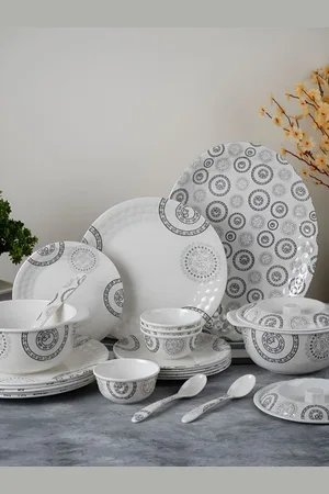 Aura White & Grey 41 Pieces Geometric Printed Glossy Dinner Set