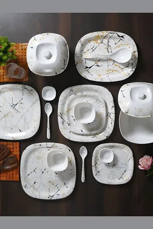 Aura White & Grey 46 Pieces Printed Melamine Dinner Set