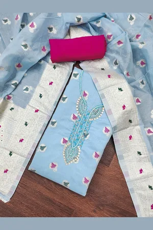 MANVAA Floral Woven Design Beads and Stones Unstitched Dress Material