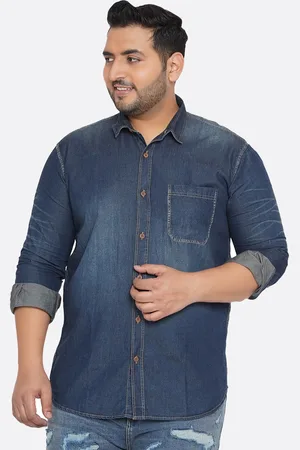 John Pride Men Plus Size Blue Faded Cotton Denim Shirt