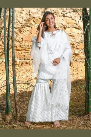 HOUSE OF JAMOTI Keyhole Neck Gotta Patti Pure Cotton Straight Kurta with Sharara & Dupatta