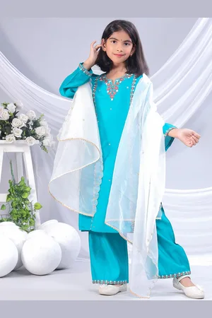 misbis Girls Floral Embroidered Sequinned Straight Kurta with Palazzos & Dupatta