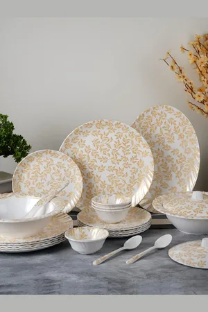 Aura White & Beige 41 Pieces Floral Printed Glossy Dinner Set