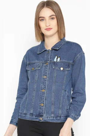 JC Collection Women Navy Blue Printed Denim Jacket