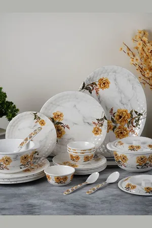 Aura White & Yellow 41 Pieces Floral Printed Glossy Dinner Set