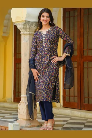 Ambraee Floral Printed Straight Sequinned Kurta with Trousers & Dupatta