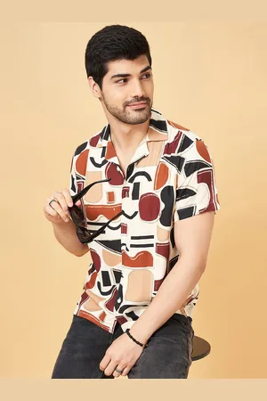 PEOPLE Men Printed Slim Fit Cuban Collar Short Slevees Casual Shirt
