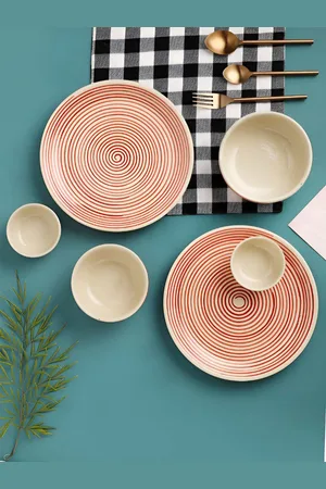 Aura Red & White 10 Pieces Printed Dishwasher and Microwave Safe Dinner Set
