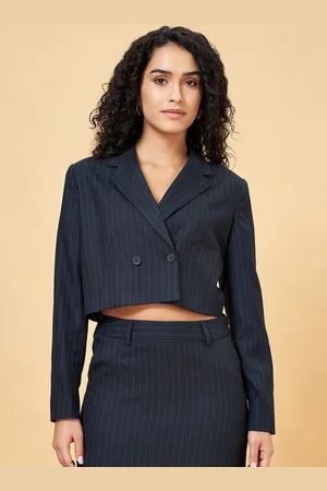 Pantaloons Striped Notched Lapel Double-Breasted Crop Formal Blazer