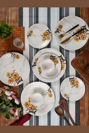 Aura White & Yellow 18 Pieces Floral Printed Glossy Dinner Set