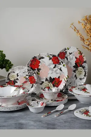 Aura White & Red 41 Pieces Floral Printed Dinner Set