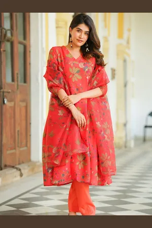 Ambraee Floral Printed A-Line Kurta with Trousers & Dupatta