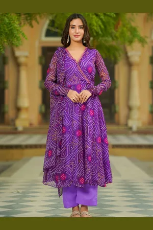 Ambraee Bandhani Printed Angrakha Silk Chiffon Kurta with Trousers & Dupatta