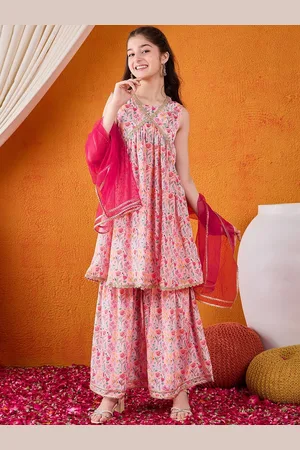 Cherry & Jerry Girls Floral Printed Empire Gotta Patti A-Line Kurta With Sharara & Dupatta