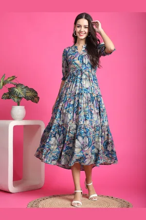 Claura Women Floral Print Mandarin Collar Short Sleeves Fit and Flare Midi Dress
