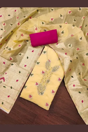 MANVAA Floral Woven Design Beads and Stones Unstitched Dress Material