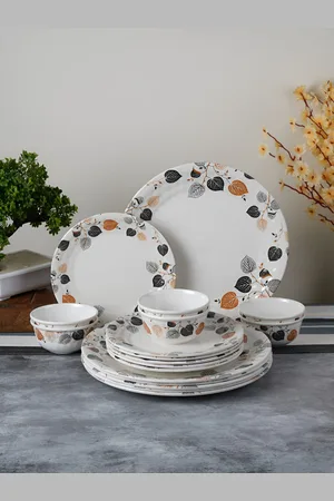 Aura White & Black 18 Pieces Floral Printed Glossy Dinner Set