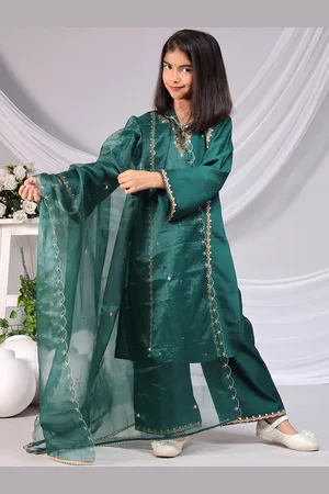 misbis Girls Florl Embroidered Straight Kurti with Palazzos & With Dupatta