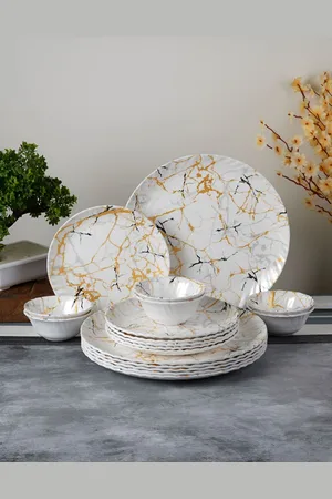 Aura White & Black 18 Pieces Printed Glossy Dinner Set