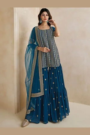 Ethnic Yard Women Ethnic Motifs Embroidered Regular Thread Work Kurta with Sharara & With Dupatta