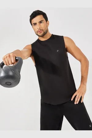 Styli Men Black Breathable Knit Mesh Tank with Side Slit and Logo detail