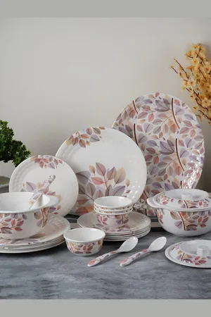 Aura White & Brown 41 Pieces Floral Printed Dinner Set