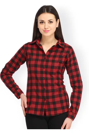 Cation Women Red & Black Slim Fit Checked Casual Shirt