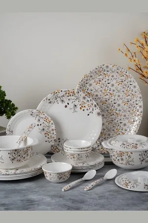 Aura 41-Pcs White & Yellow Printed Glossy Dinner Set