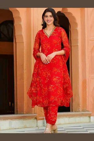 Ambraee Floral Printed Straight Silk Chiffon Kurta with Trousers & Dupatta