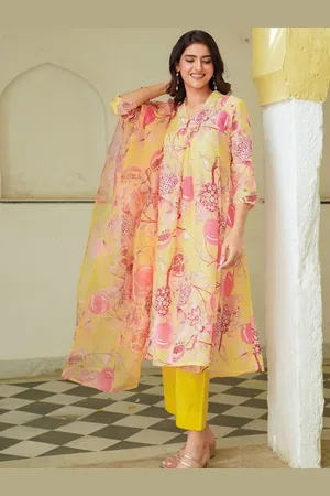 Ambraee Floral Printed A-Line Empire Kurta with Trousers & Dupatta