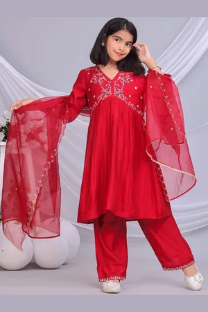 misbis Girls Floral Embroidered Sequinned A-Line Kurta With Palazzos & Dupatta