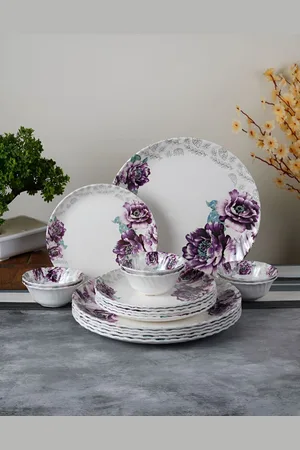 Aura White & Violet 18 Pieces Floral Printed Glossy Dinner Set