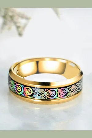 Yellow Chimes Men Gold-Toned & Black Celtic Inlay Finish Stainless Steel Band Finger Ring